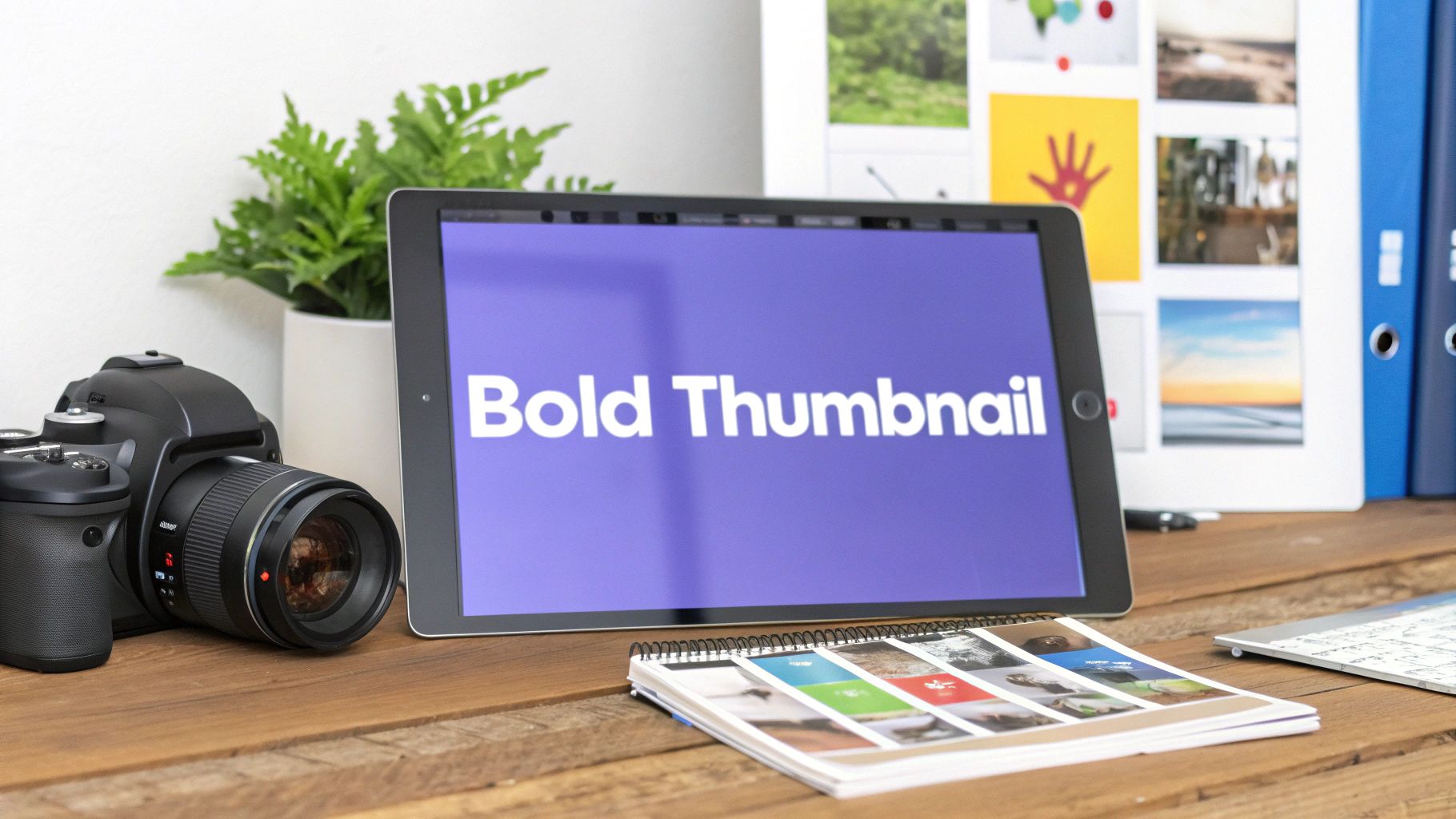 A photography workspace featuring a camera, tablet displaying "Bold Thumbnail," and a photo book.