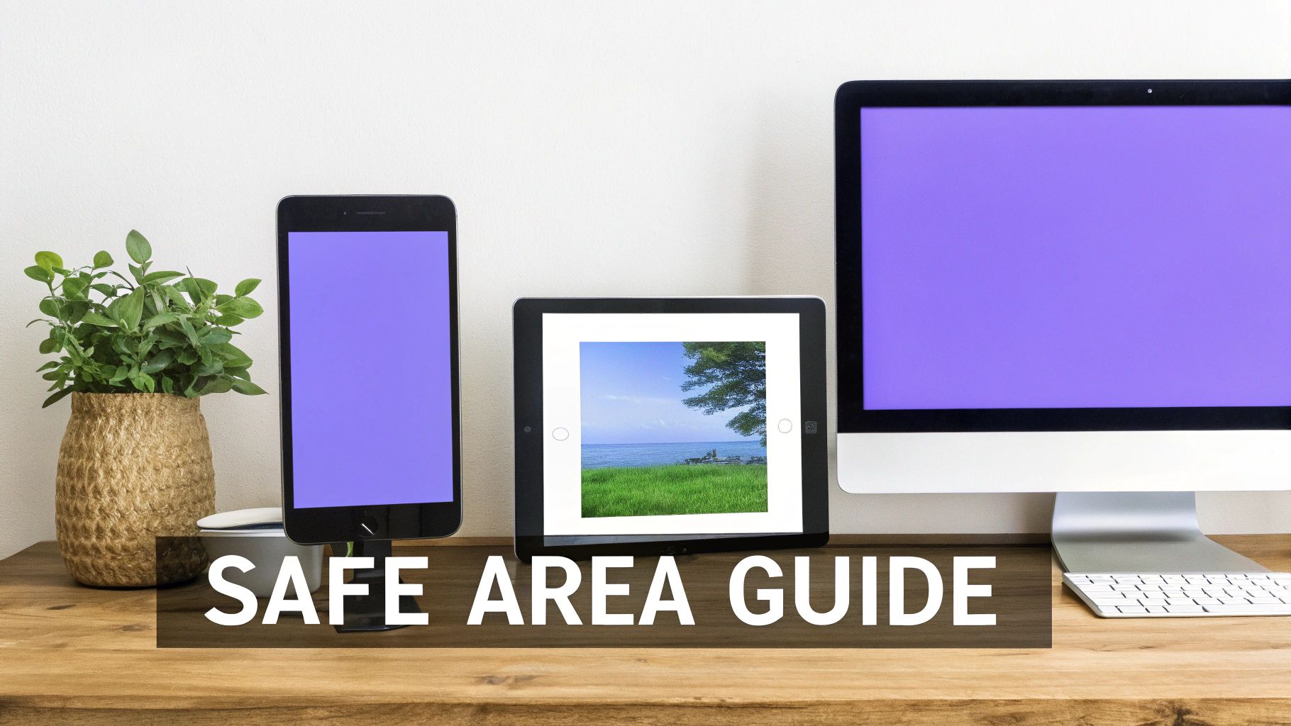 Multiple digital screens on a wooden desk with a plant and 'SAFE AREA GUIDE' text overlay.