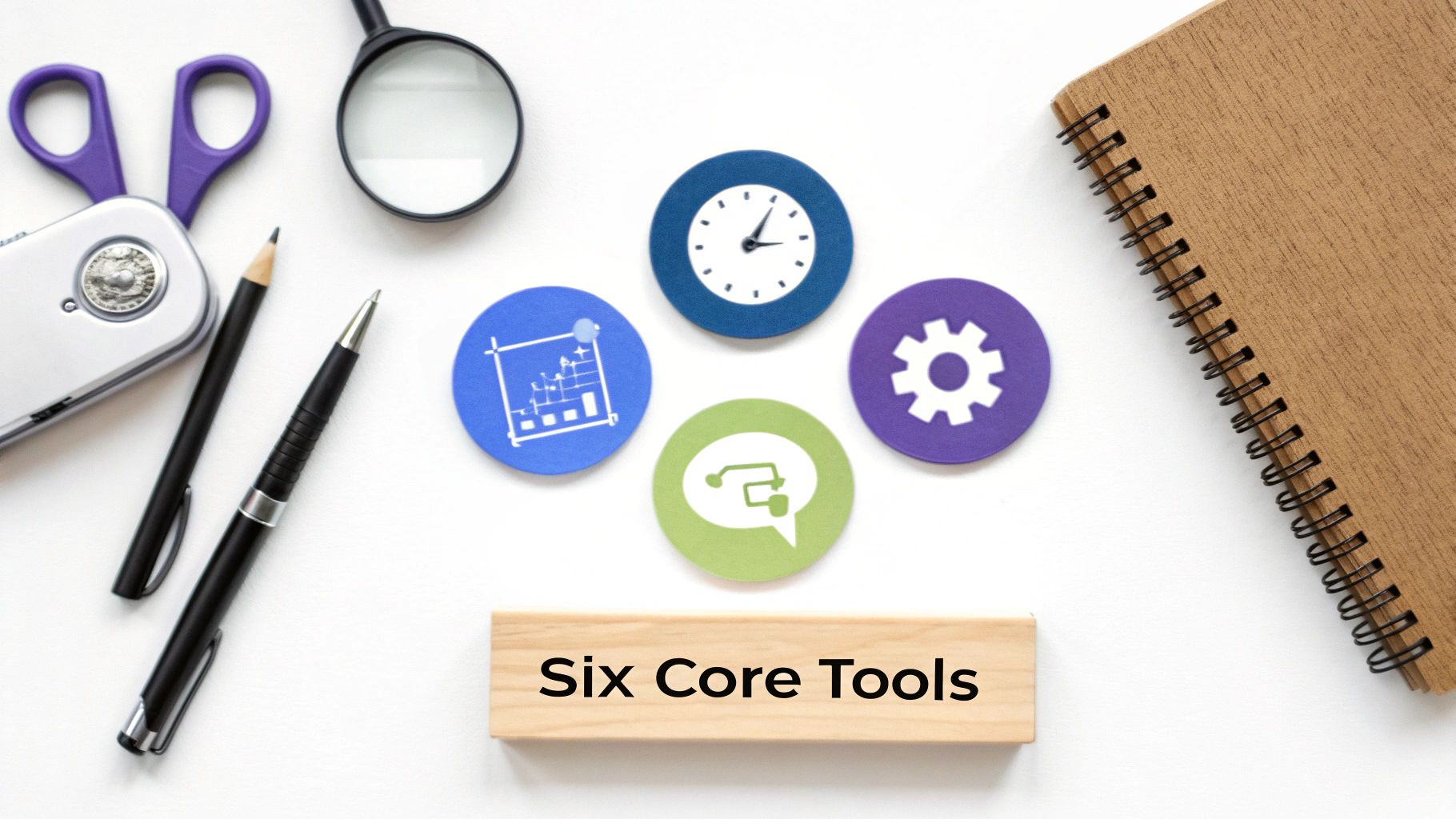 Flat lay of office stationery, magnifying glass, four symbolic icons, and text 'Six Core Tools'.