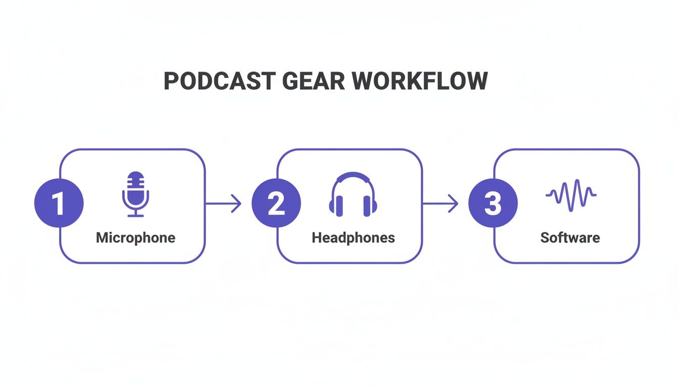 A podcast gear workflow infographic showing three steps: 1. Microphone, 2. Headphones, 3. Software.