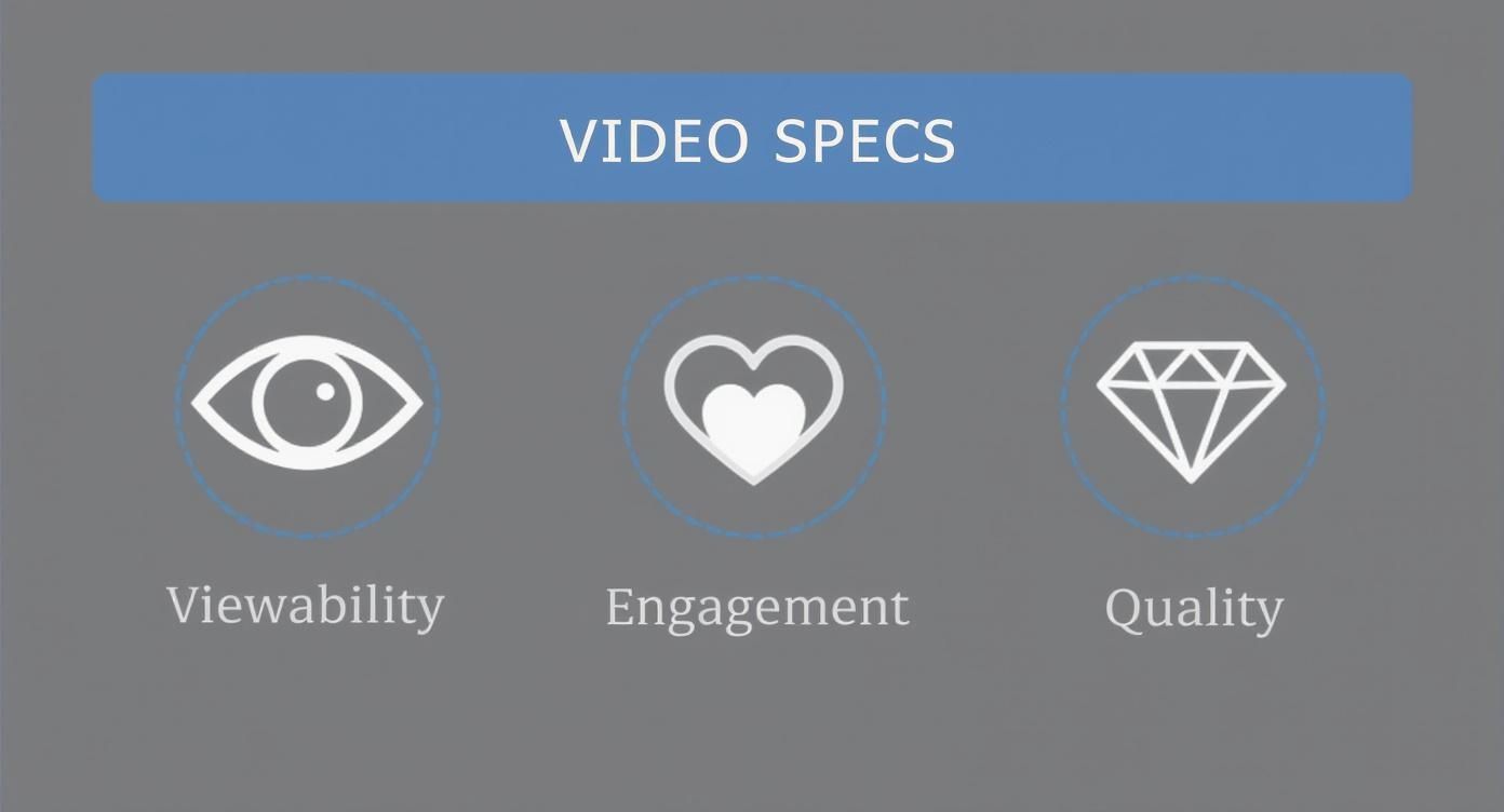 A graphic titled 'VIDEO SPECS' showing three icons: an eye for Viewability, a heart for Engagement, and a diamond for Quality.