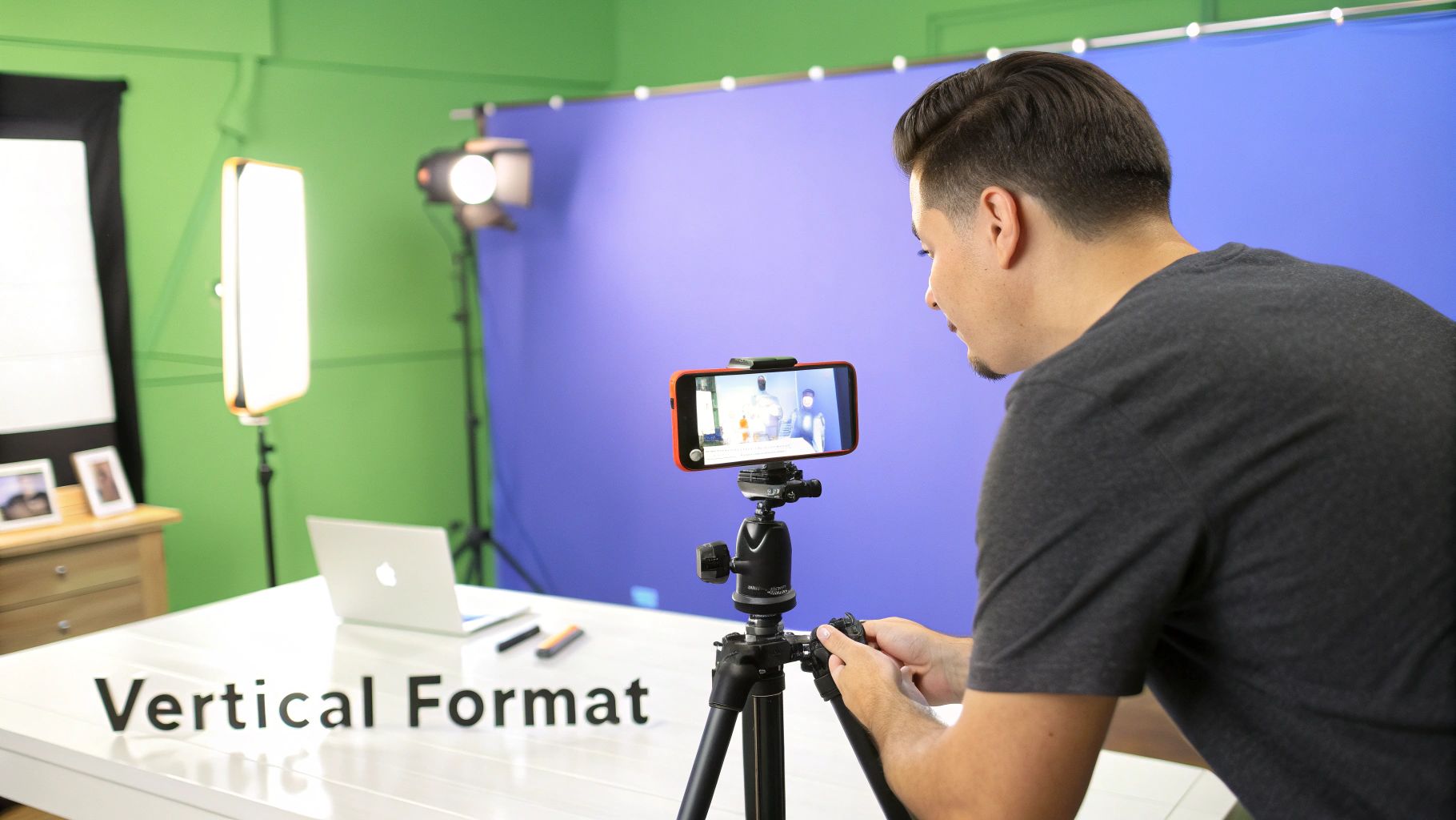 Man setting up a smartphone on a tripod to record a vertical format video in a studio.