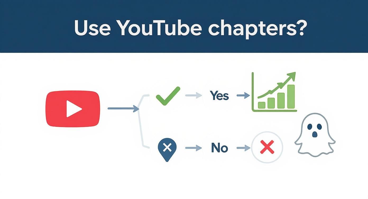 Flowchart illustrating that using YouTube chapters leads to growth, while not using them results in low visibility.