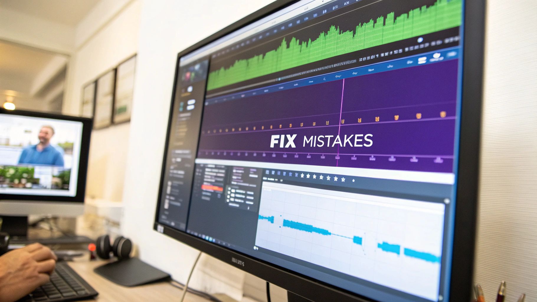A person's hands typing on a keyboard while editing video on dual monitors, showing 'FIX MISTAKES' on screen.