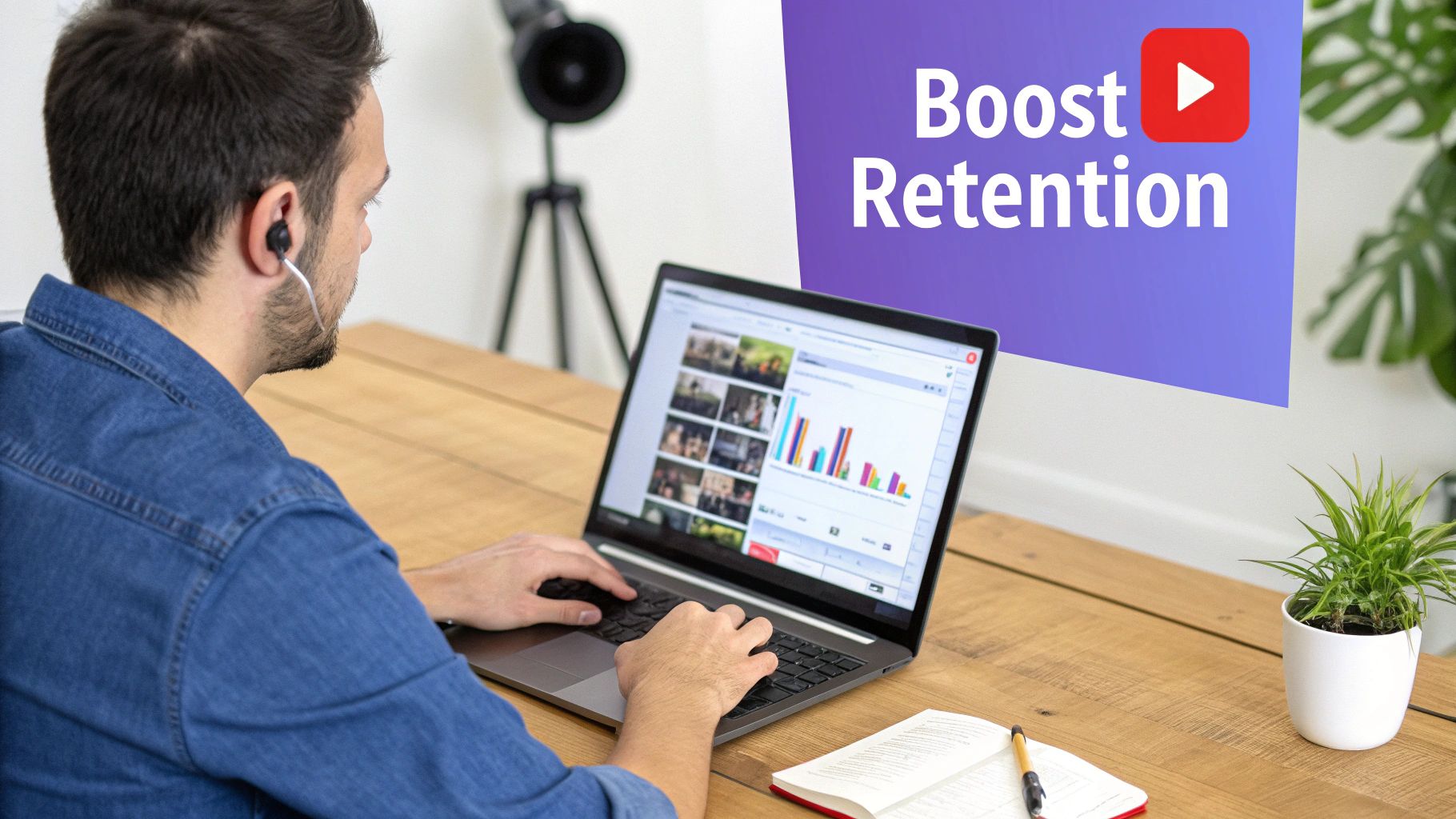 A man reviews YouTube video analytics on his laptop, aiming to boost audience retention.