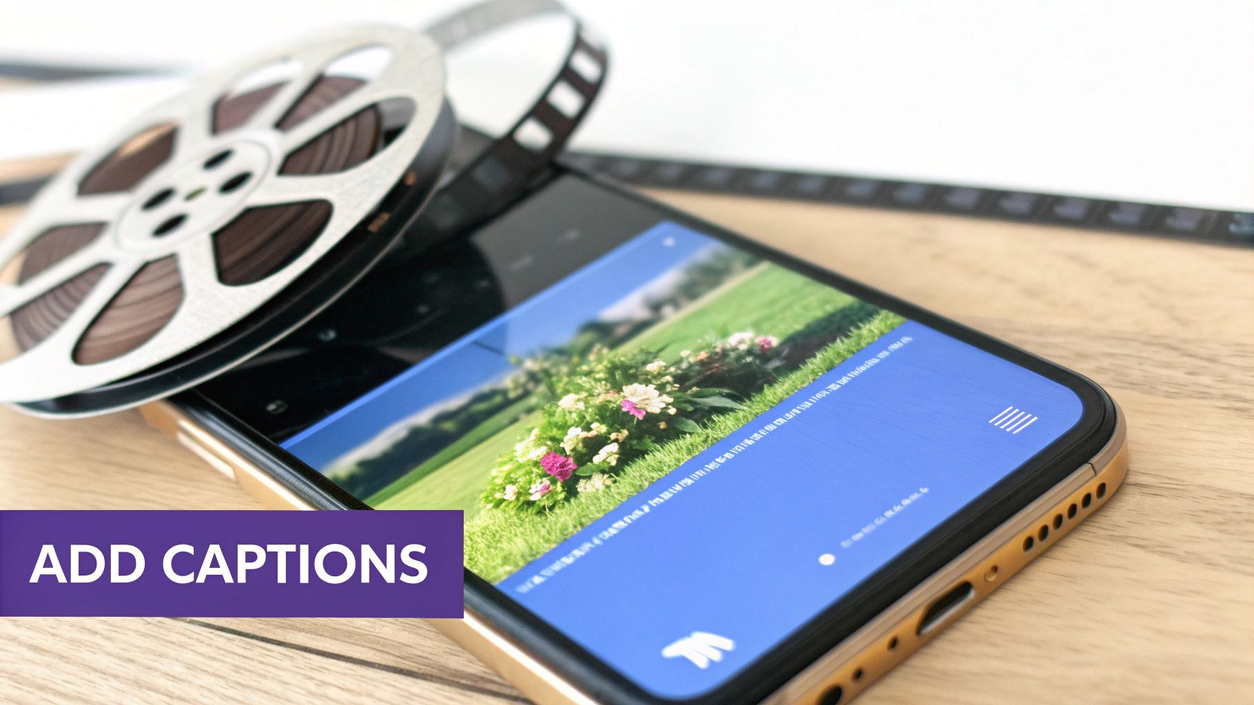 A vintage film reel rests on a smartphone displaying a garden photo, with an "Add Captions" banner.