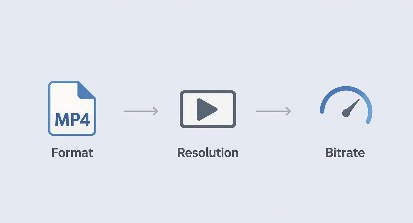 Illustrates the process of video conversion, showing icons for MP4 format, resolution, and bitrate.