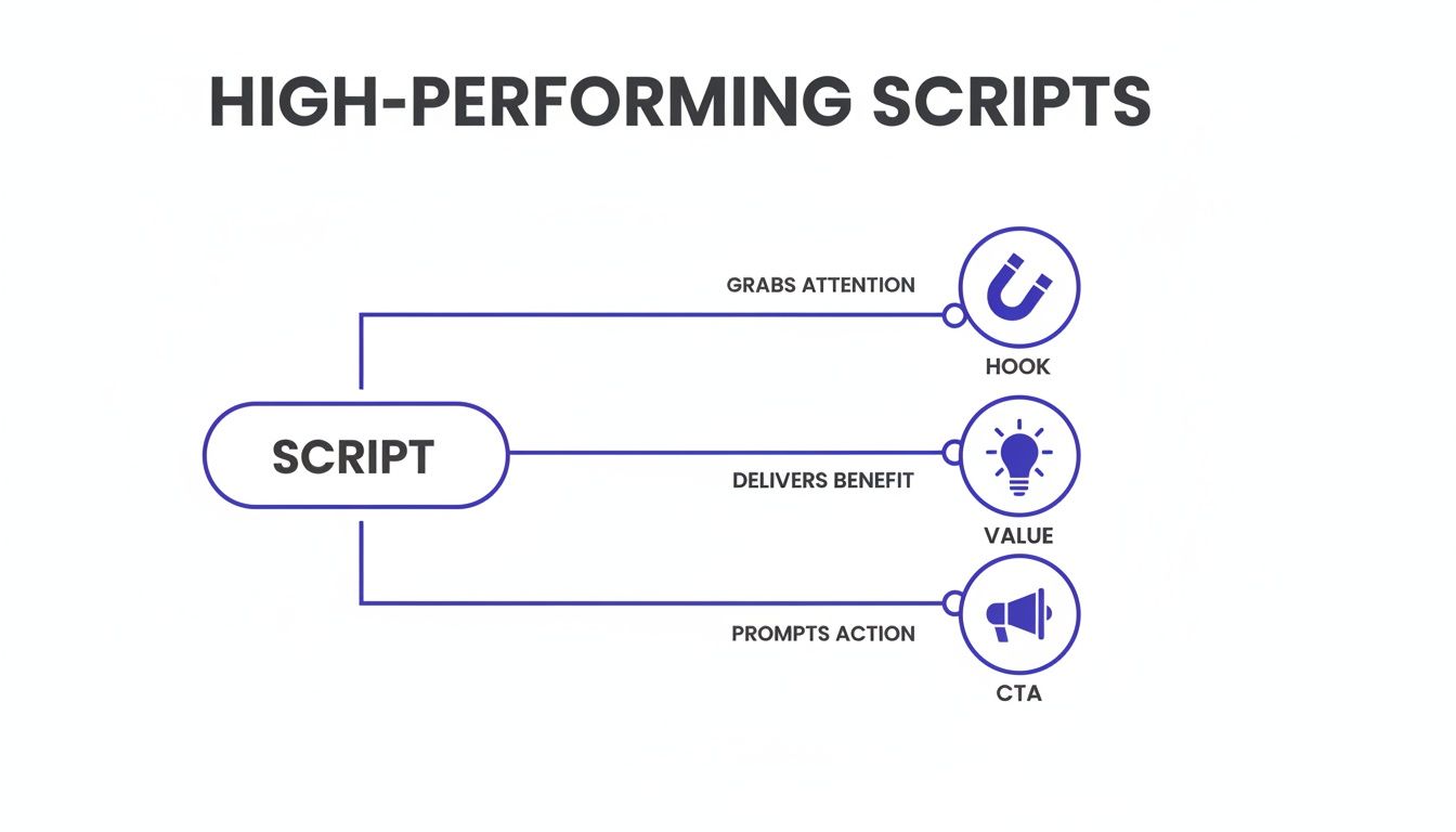 Diagram illustrating a high-performing script's structure with Hook, Value, and Call-to-Action (CTA).
