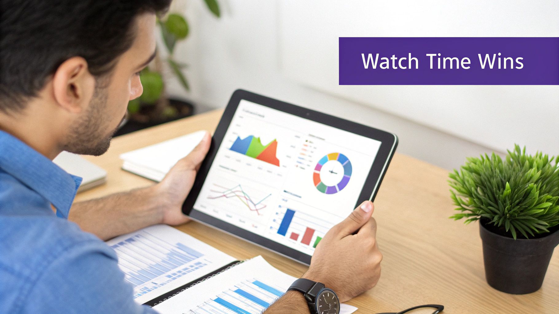 A man reviews data analytics and charts on a tablet and papers at a desk.