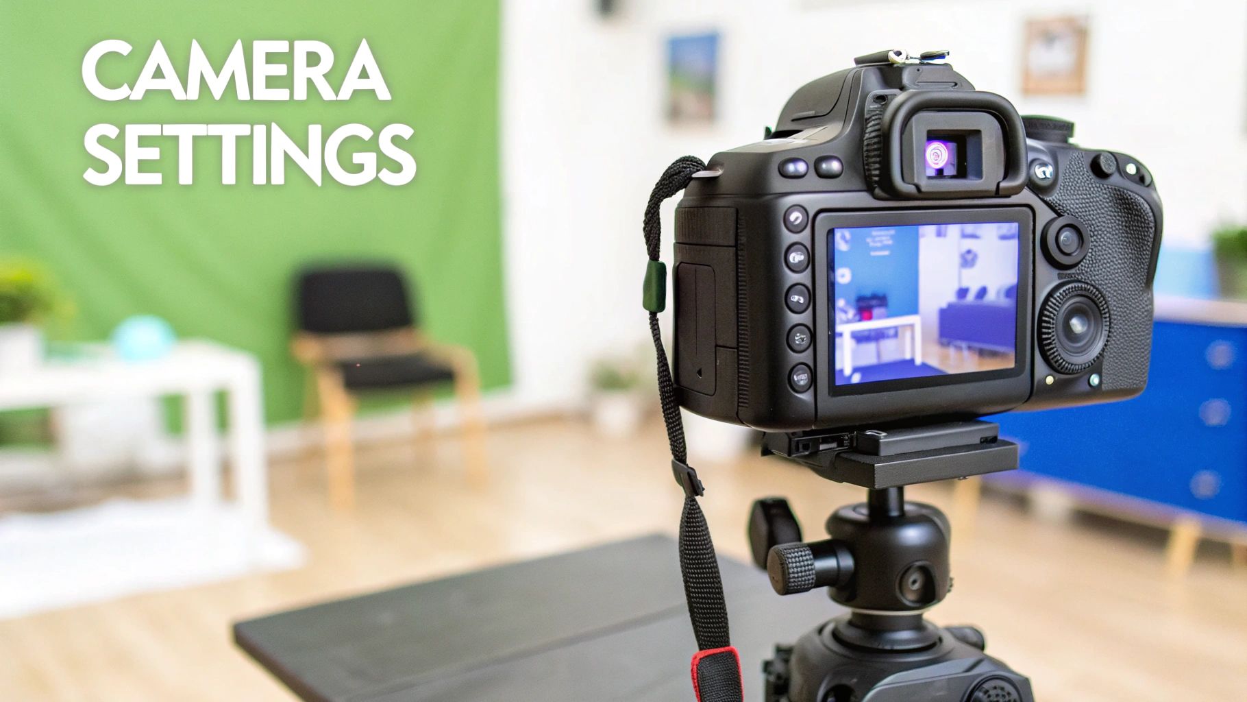 A DSLR camera on a tripod, displaying a blue room on its screen, with a green screen backdrop.
