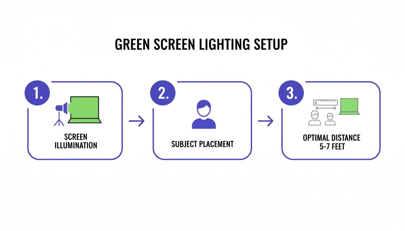 Diagram illustrating a three-step green screen lighting setup for optimal results.