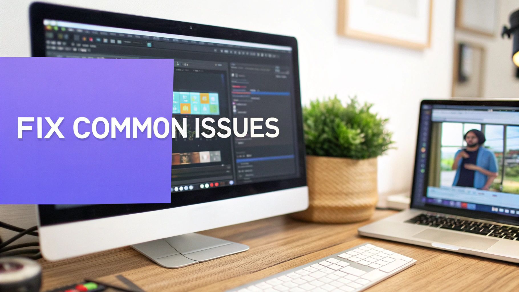 Desk setup with a monitor displaying 'FIX COMMON ISSUES' overlay and a laptop playing a video.