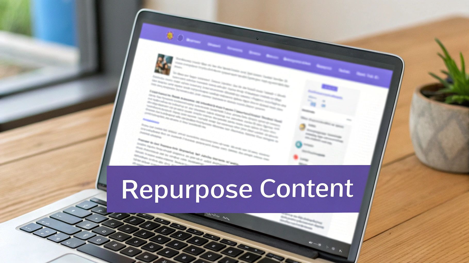 A laptop on a wooden desk with a purple banner displaying 'Repurpose Content' over a blurred webpage.