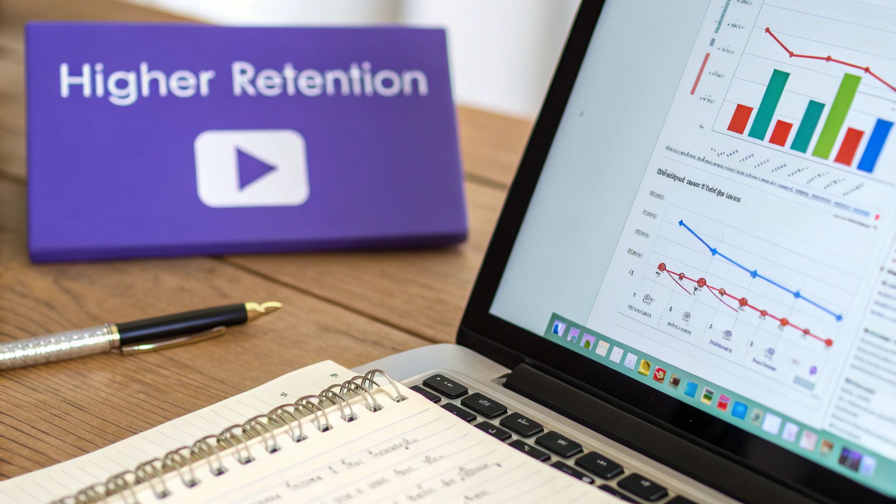 A laptop screen shows YouTube analytics with charts and graphs, next to a 'Higher Retention' box.