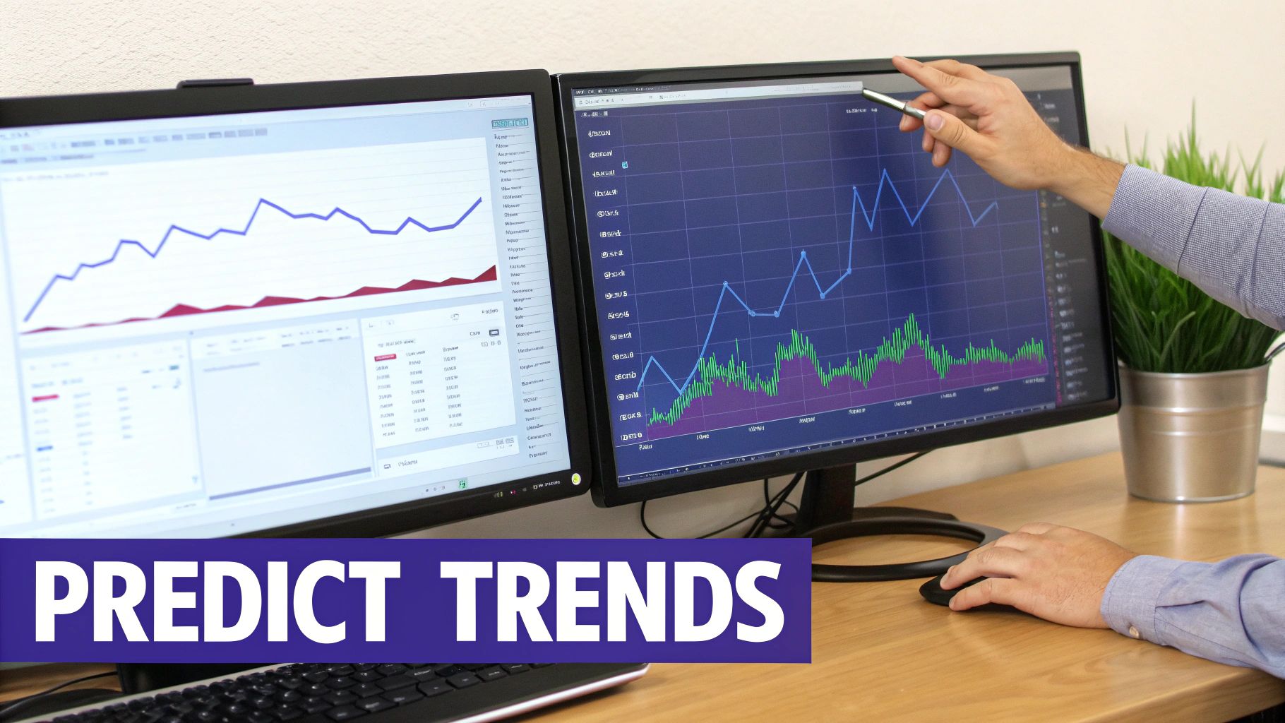 A person analyzes financial charts on dual monitors, pointing at trends with a pen.