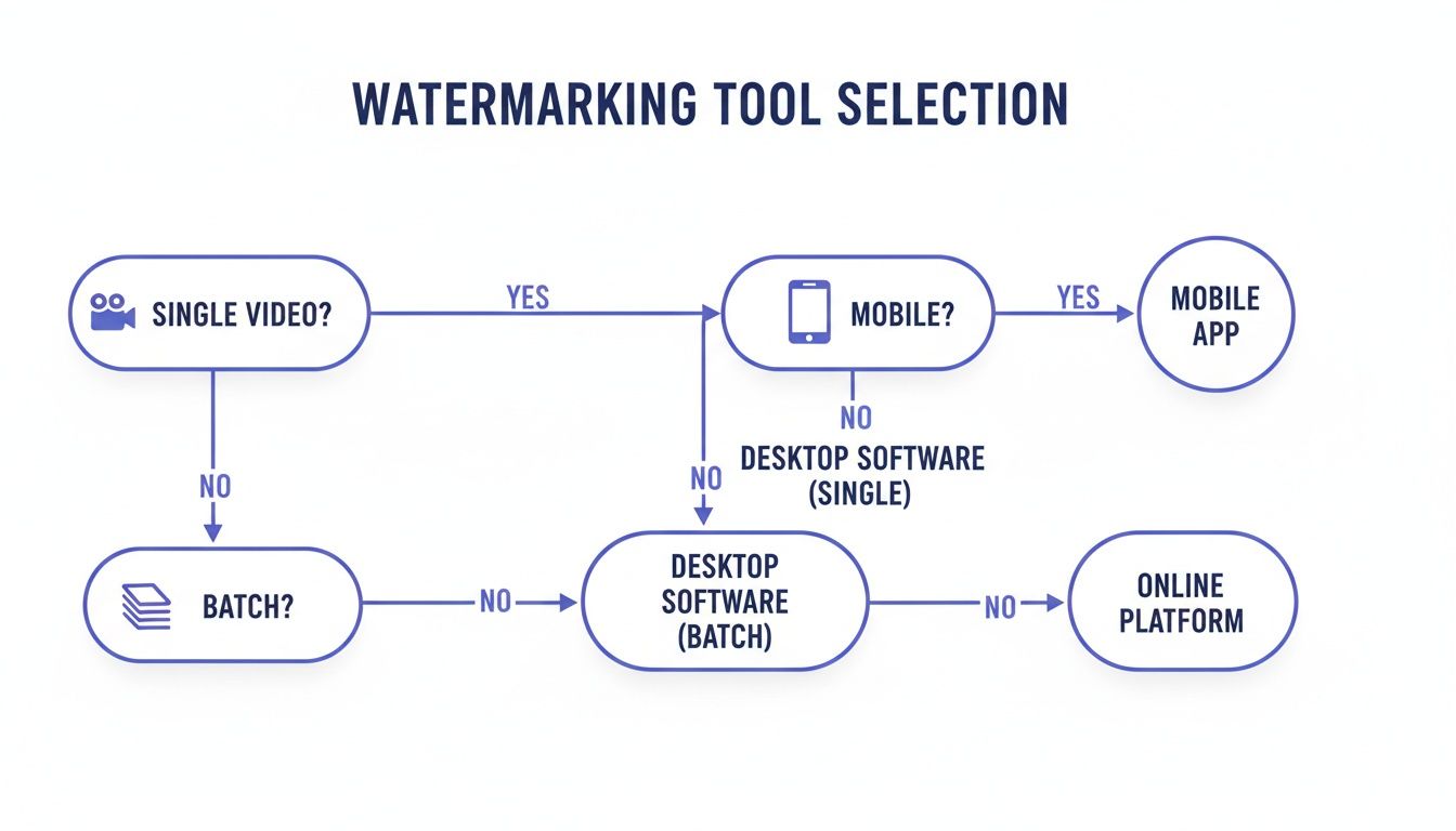 Flowchart for selecting the best watermarking tool based on video quantity and platform.