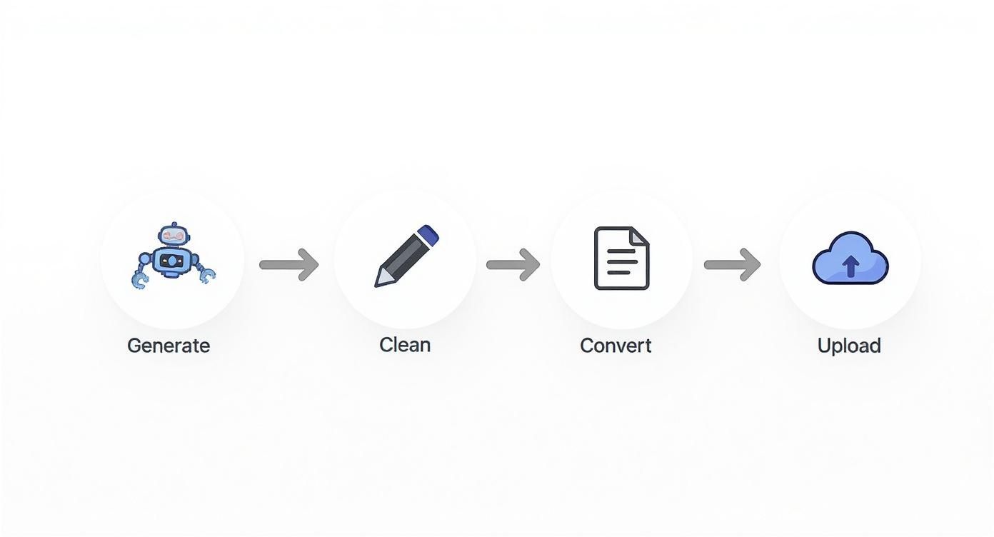 A diagram illustrating a four-step process: Generate (robot), Clean (pencil), Convert (document), Upload (cloud).