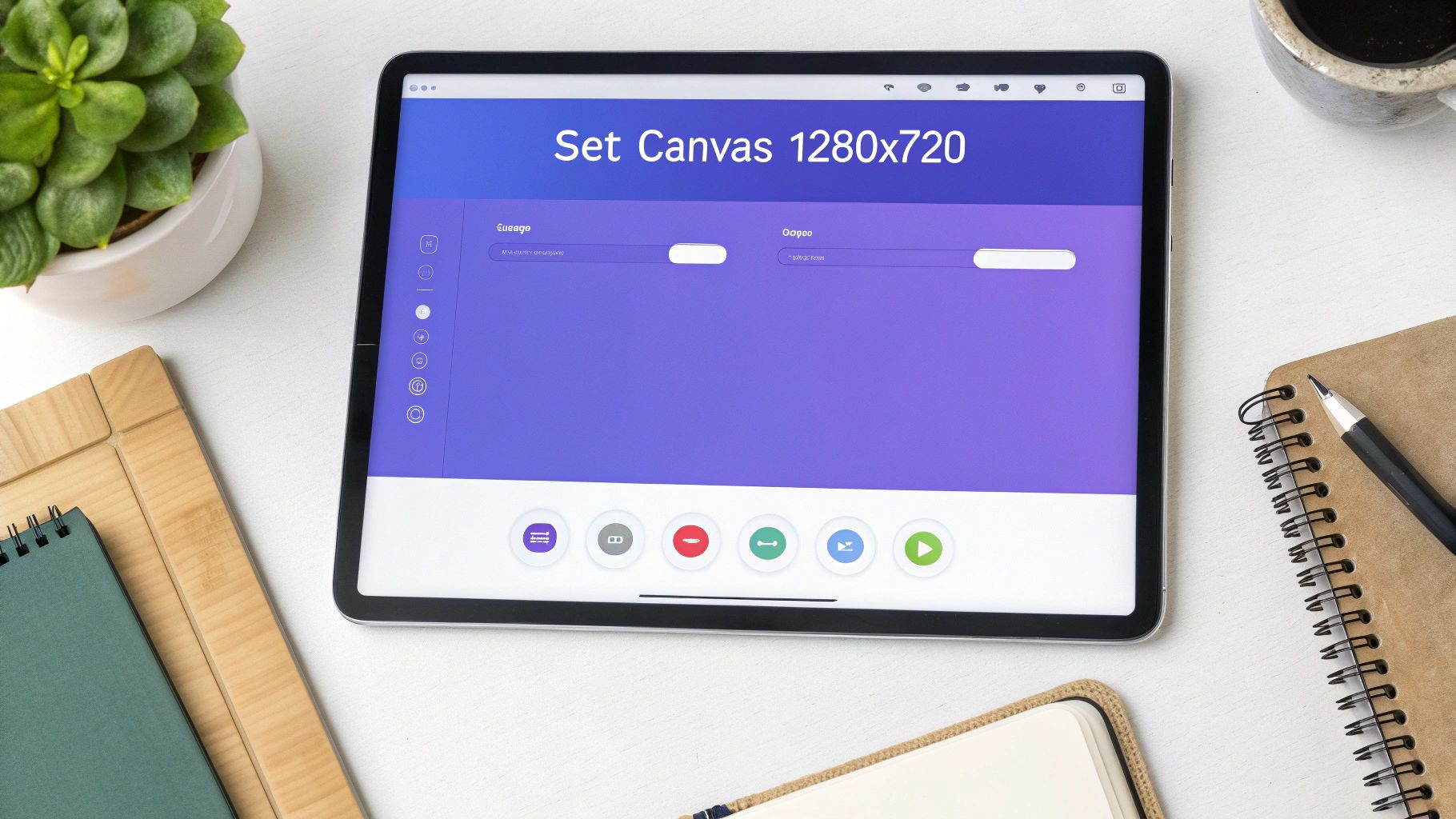 A tablet displaying a 'Set Canvas 1280x720' interface on a white desk with office items.
