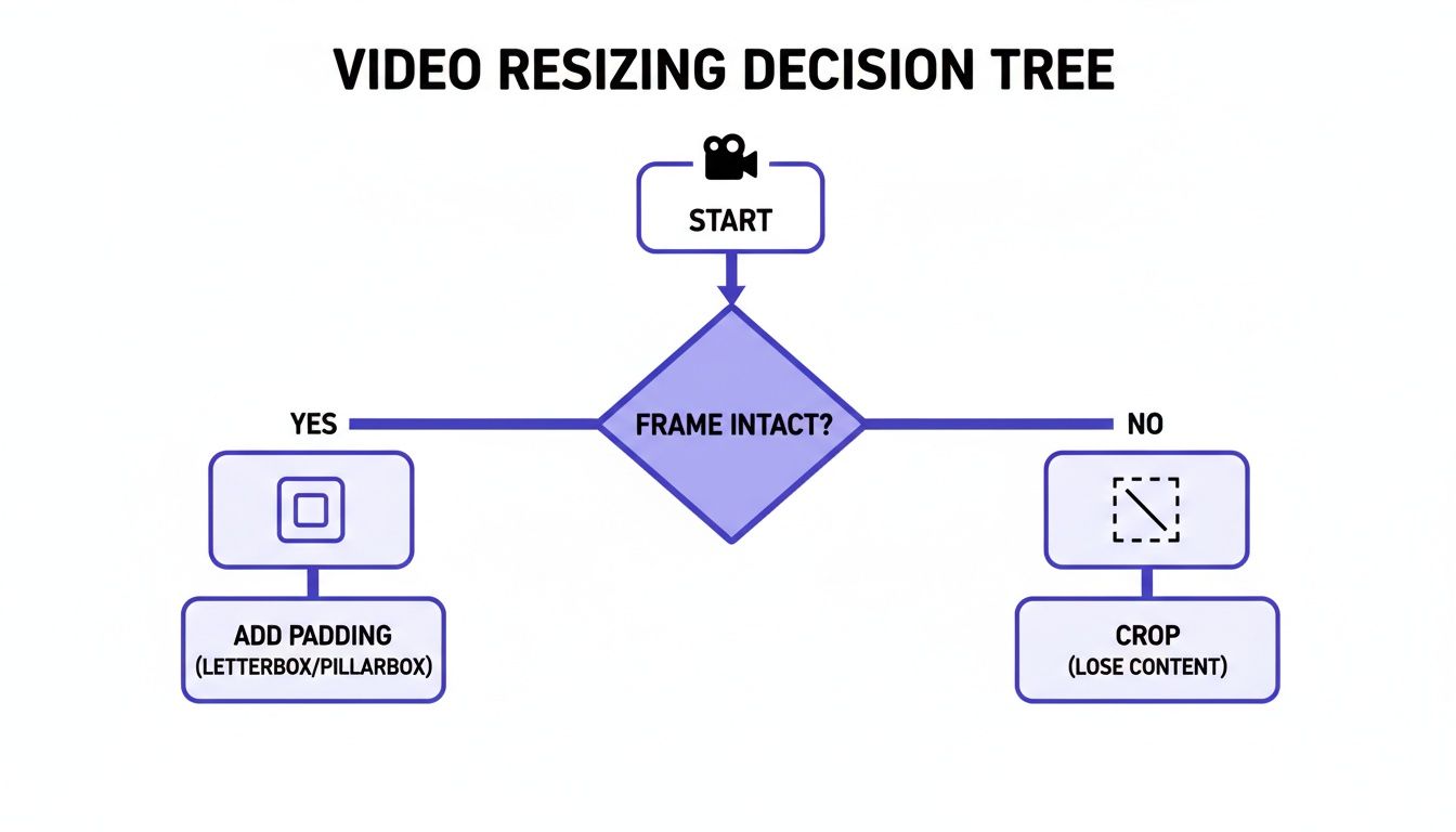 Decision tree for video resizing methods: Add padding if frame intact, crop content if not.