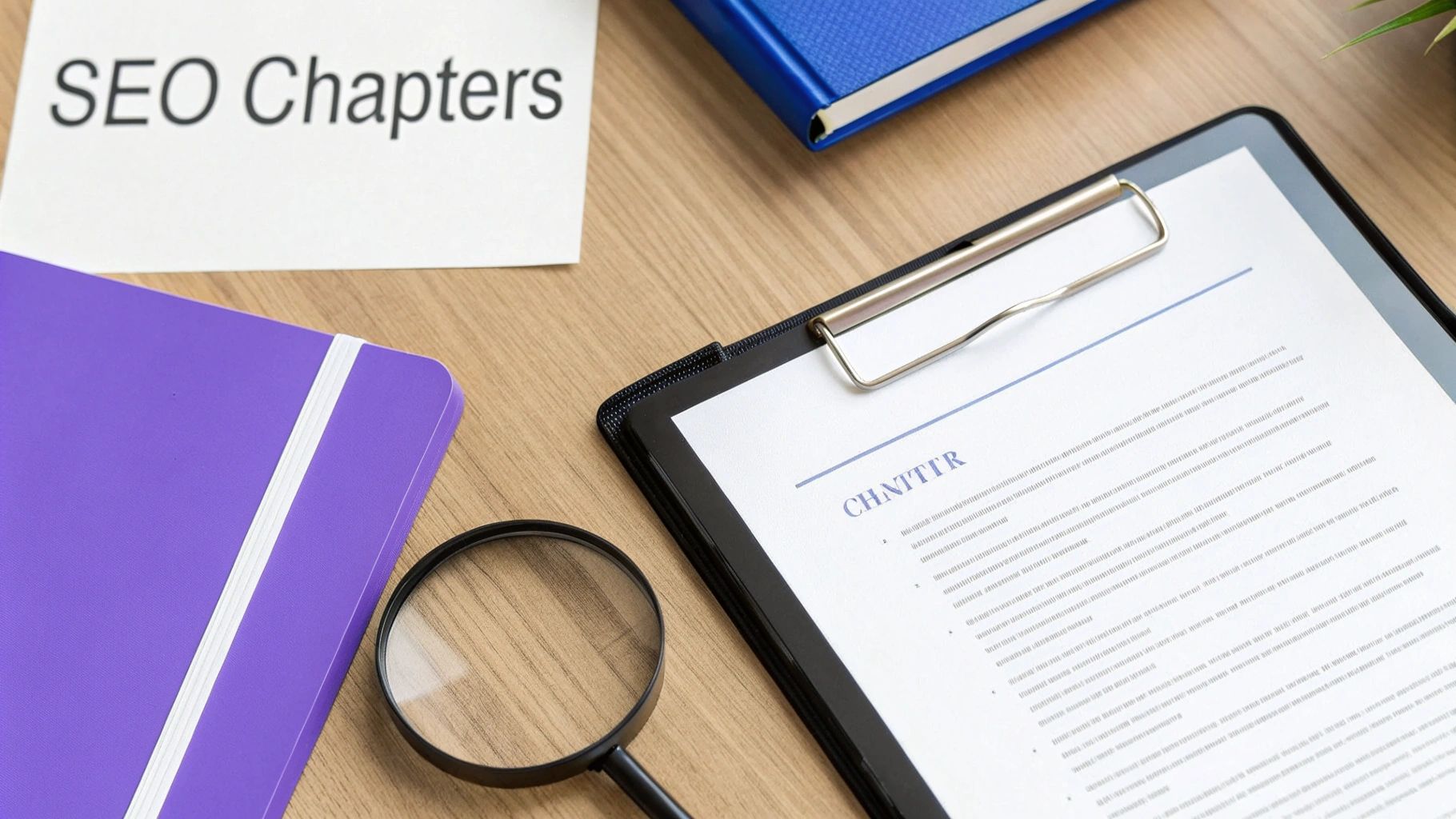 Overhead shot of a desk with 'SEO Chapters' paper, purple notebook, magnifying glass, and a document.