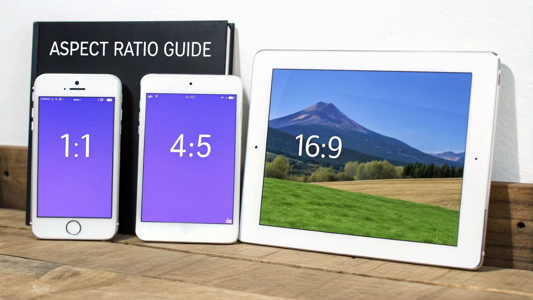 Smartphones and a tablet display different aspect ratios 1:1, 4:5, 16:9 next to an Aspect Ratio Guide book.