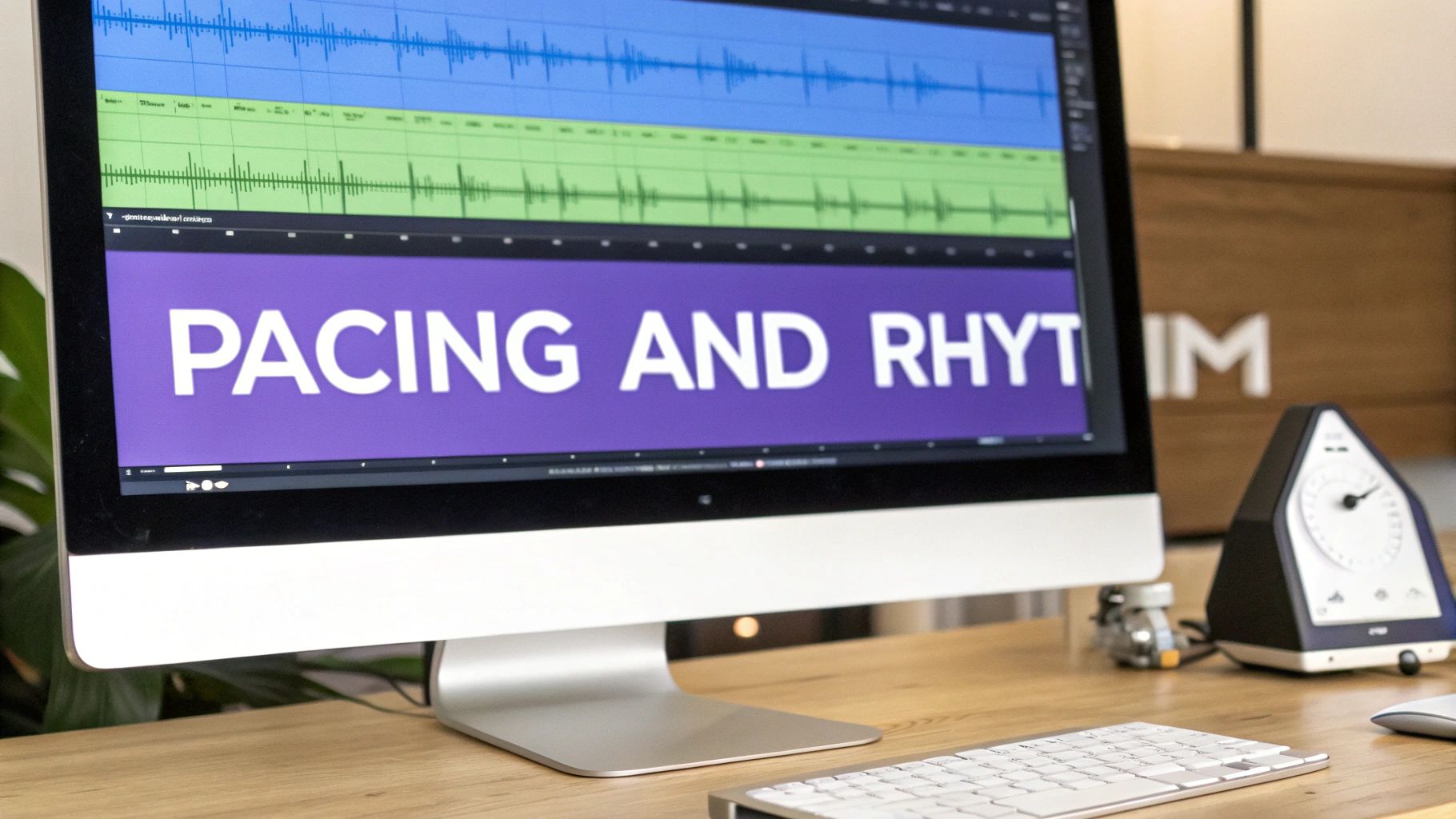 Figure 3: An audio workstation interface showing waveforms and level meters, with "PACING AND RHYTHM" overlaid, illustrating the connection between audio and visual timing.