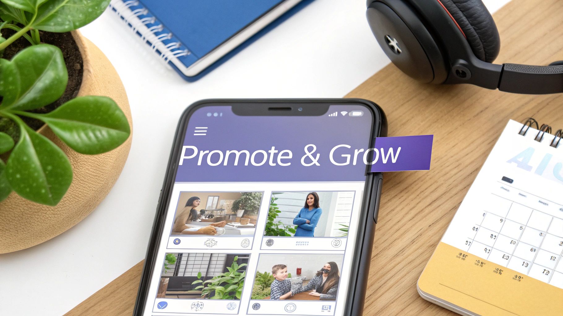 A desk flat lay with a smartphone displaying 'Promote & Grow', alongside a plant, headphones, and a calendar.