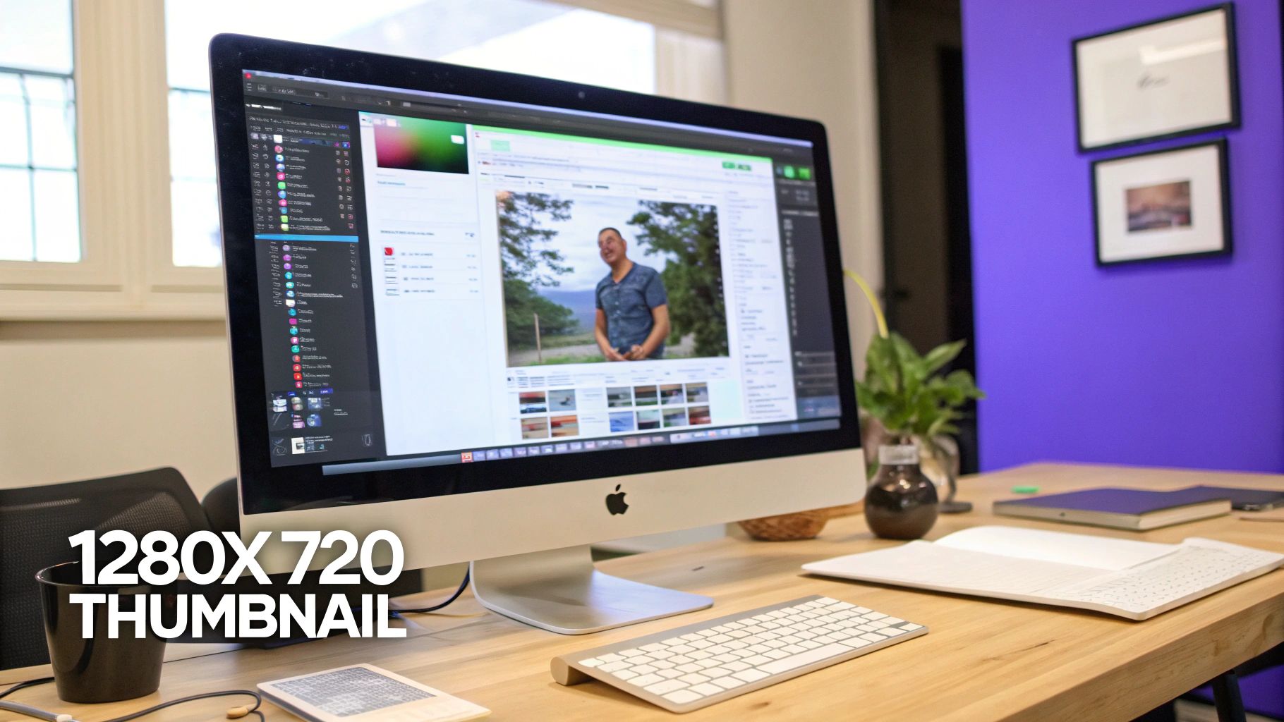 An iMac displays photo editing software with a man's photo, on a wooden desk with a keyboard.