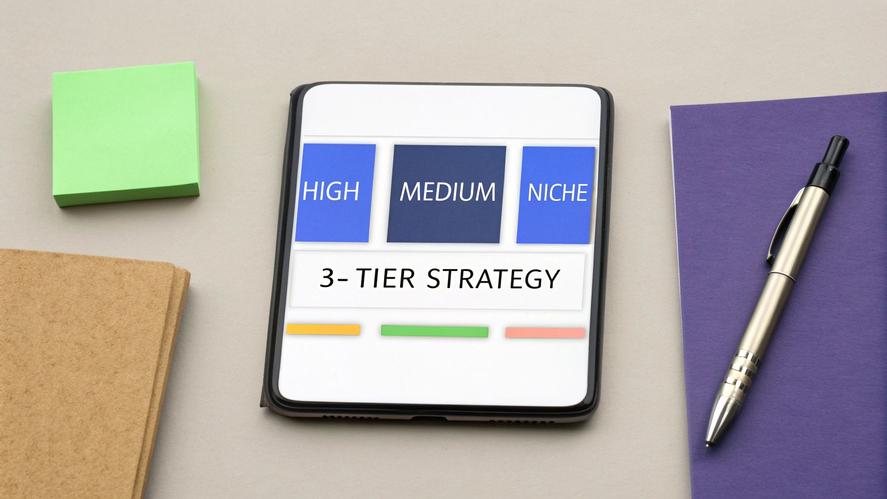 Smartphone displays a 3-tier strategy for high, medium, and niche markets, with stationery.