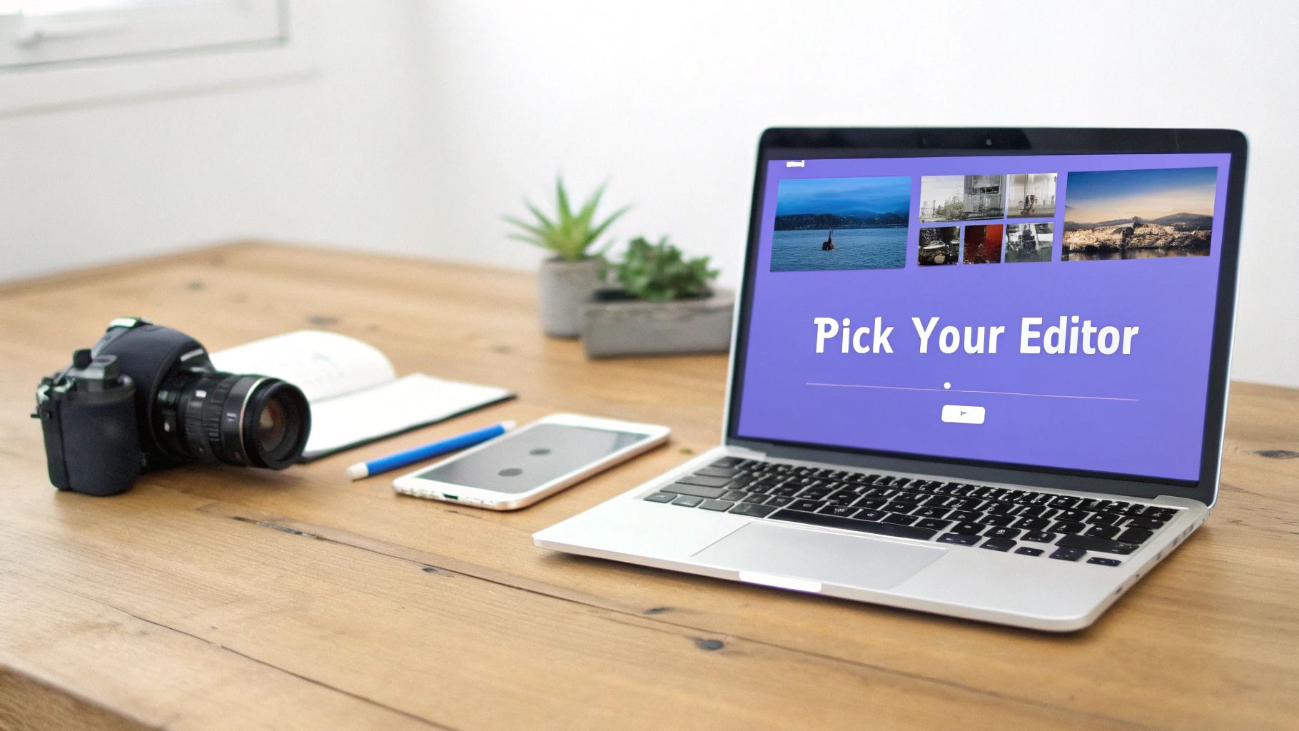 A photography setup with a camera, smartphone, and laptop displaying 'Pick Your Editor' and images.