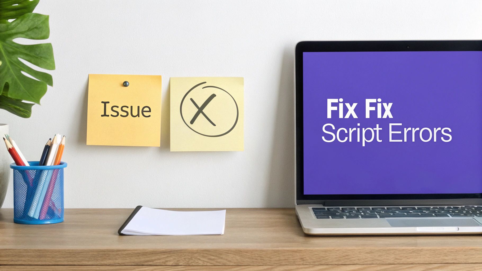 A workspace desk with a laptop displaying "Fix Fix Script Errors" and sticky notes for issues.