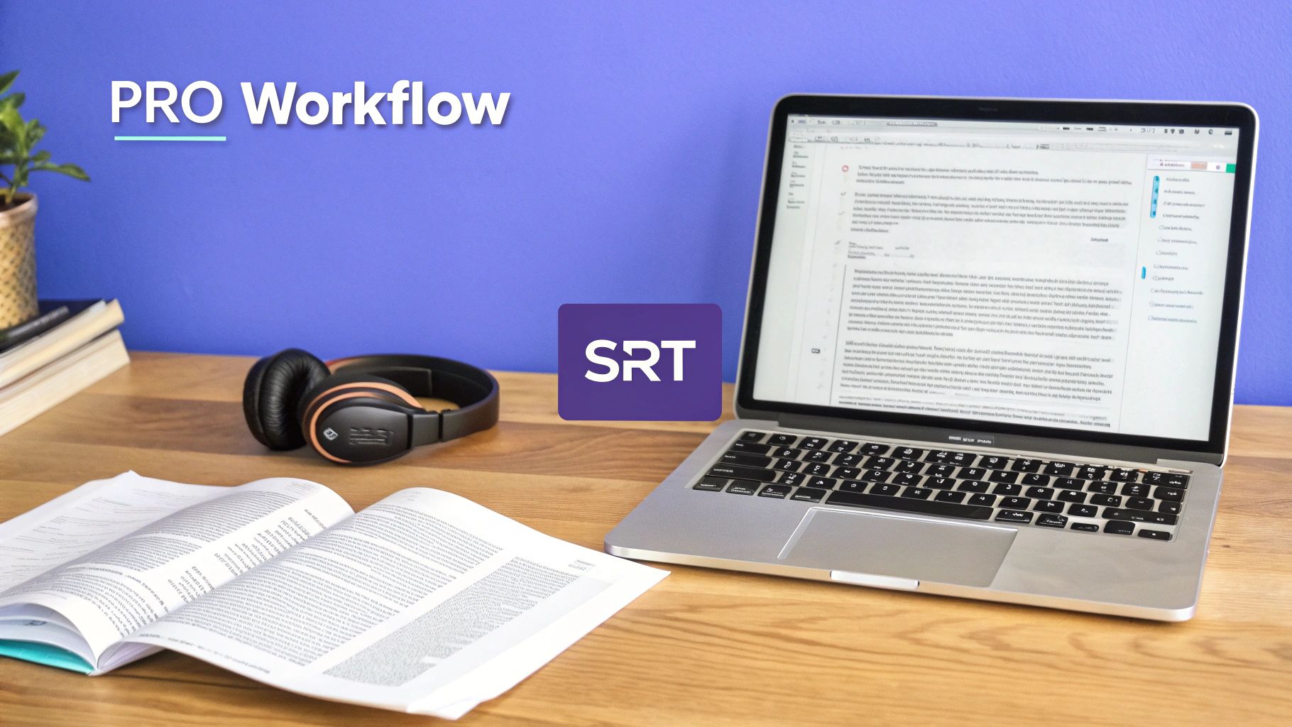 A desk setup with a laptop displaying a document, headphones, an open book, and a plant.