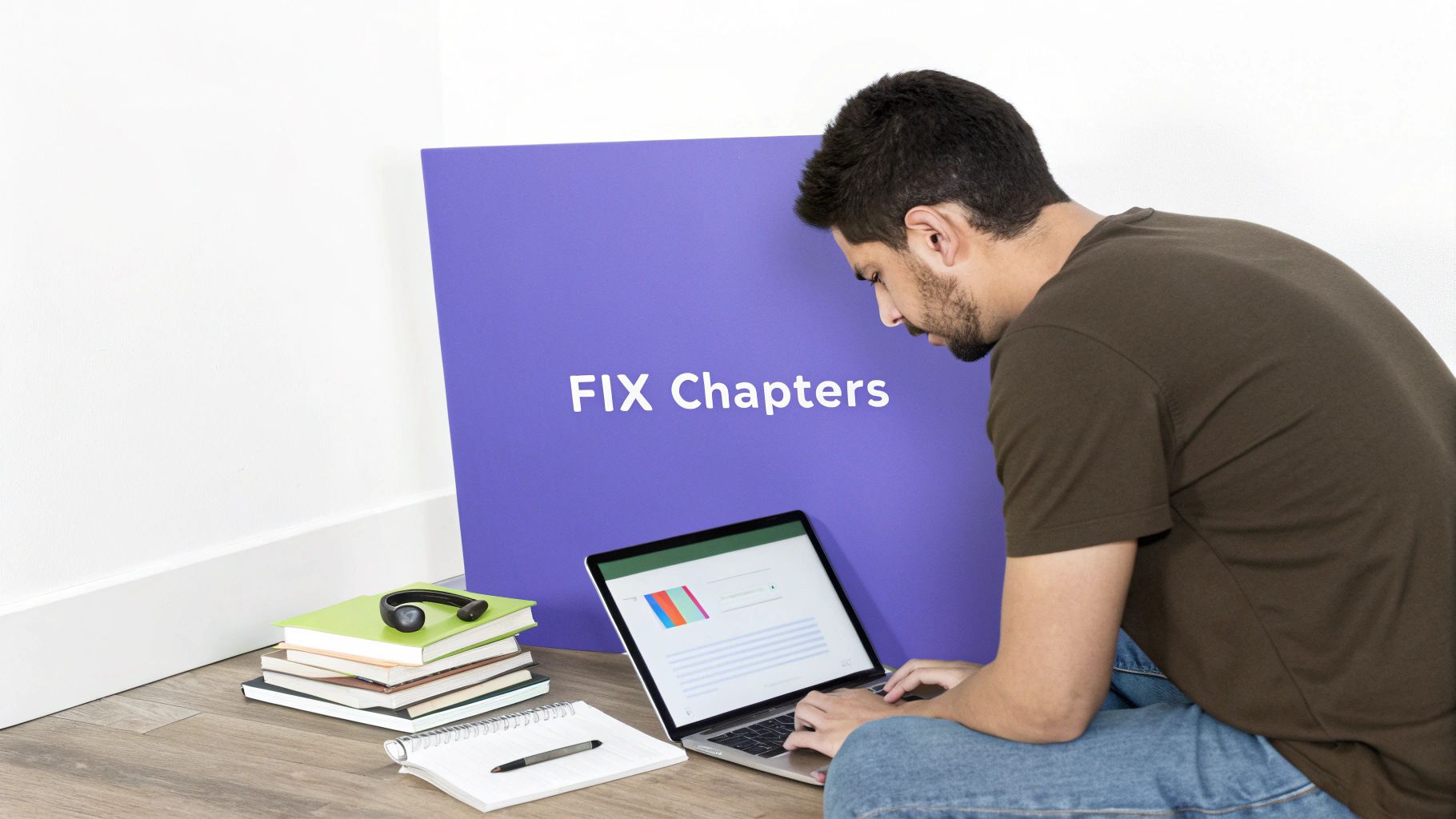 A man sits on the floor working on a laptop, surrounded by books and a sign that reads 'FIX Chapters'.