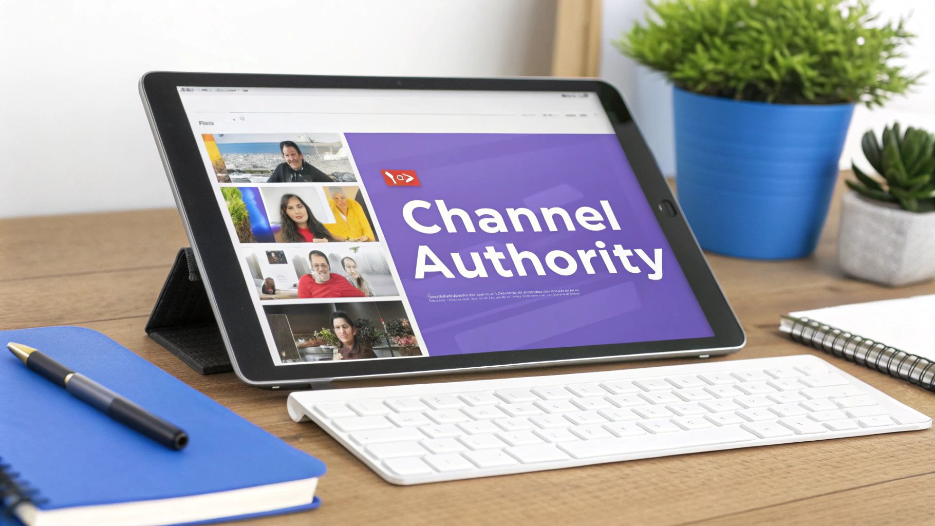 Tablet displaying 'Channel Authority' with YouTube videos, keyboard, notebook, and plants on a wooden desk.