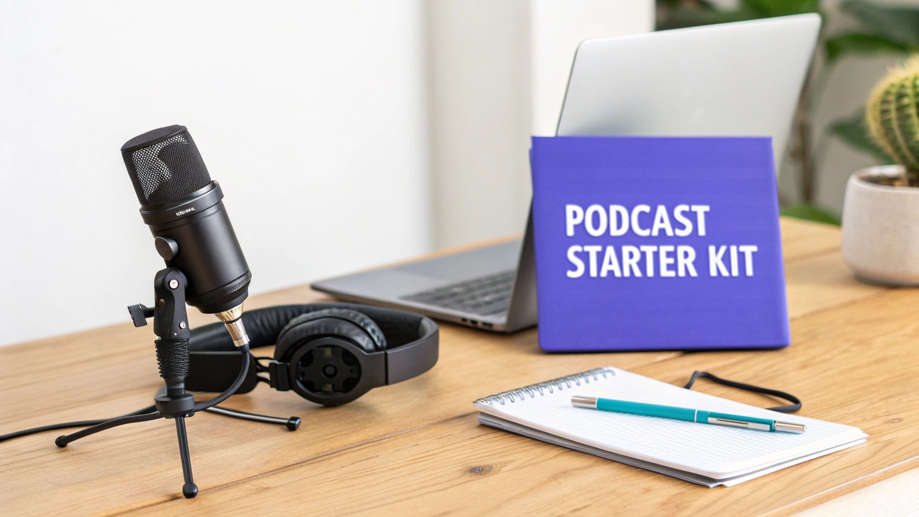 A complete podcast setup featuring a black microphone, headphones, laptop, and 'Podcast Starter Kit' on a wooden desk.