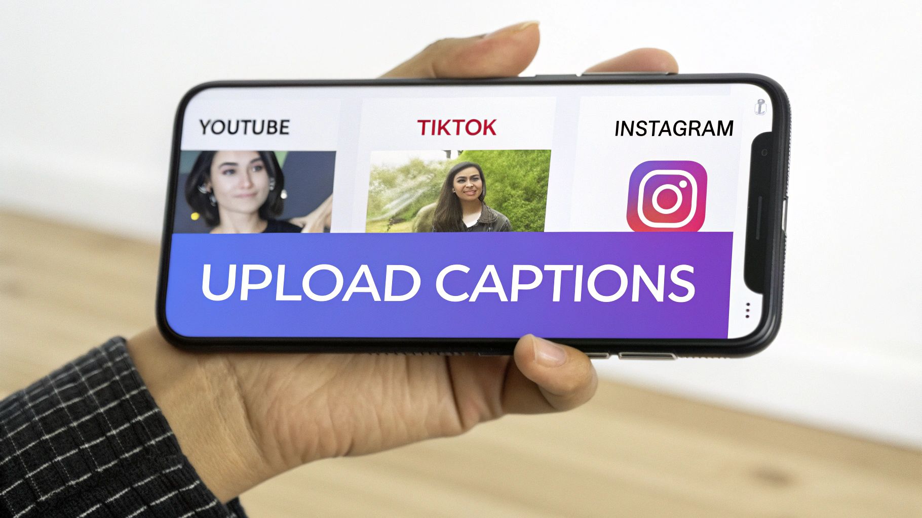 A hand holds a smartphone displaying options to upload captions for YouTube, TikTok, and Instagram videos.