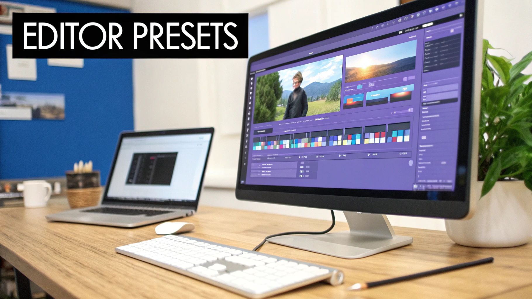 A professional video editing workspace with a main monitor displaying editor presets and color grading tools.