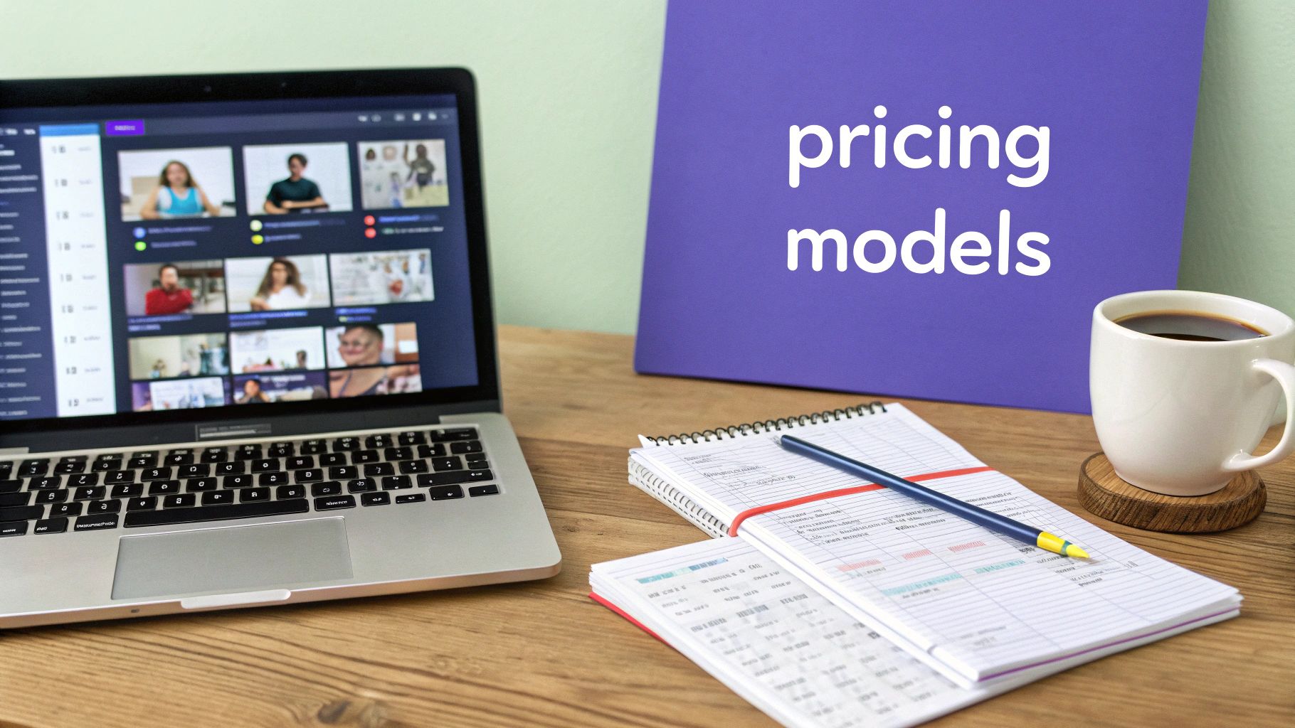 A desk with a laptop displaying a video call, notebooks, and a board saying 'pricing models'.