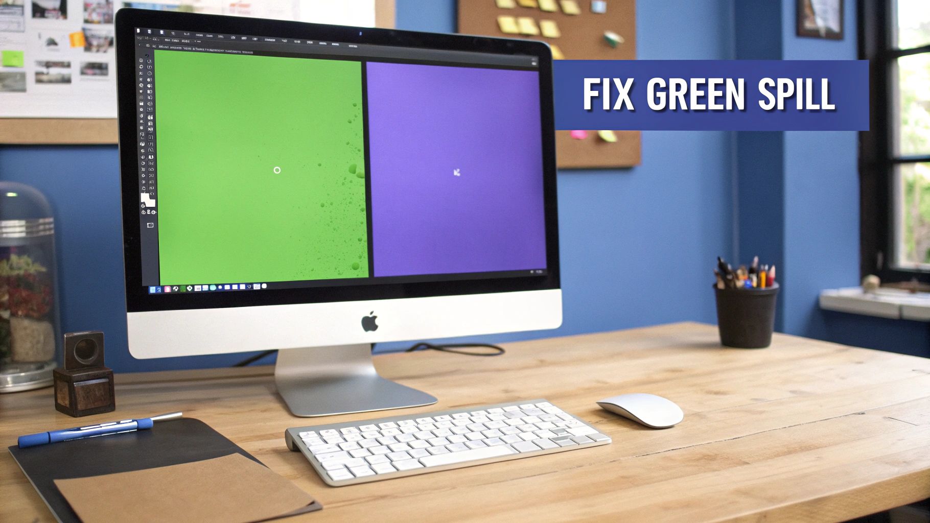 A Mac computer displays a green and purple screen with 'FIX GREEN SPILL' text on a wooden desk.