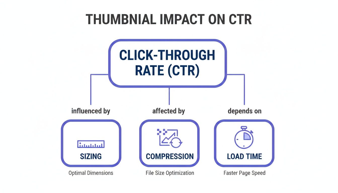 Diagram illustrating how thumbnail sizing, compression, and load time influence Click-Through Rate (CTR).