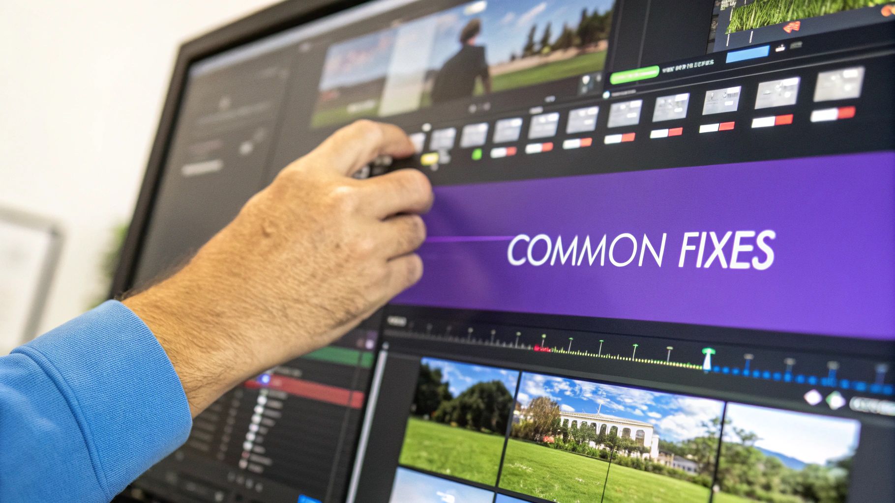 Close-up of a hand adjusting video editing software on a monitor with 'COMMON FIXES' text.
