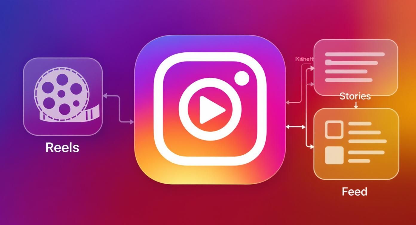 Diagram illustrating how Instagram integrates Reels, Stories, and Feed content types within the app.