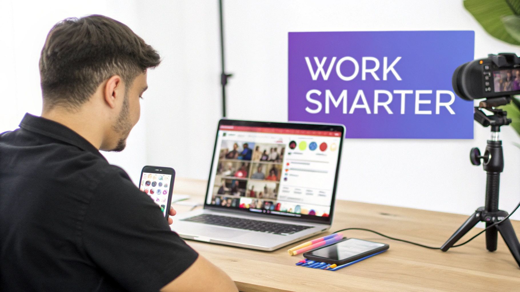 A person holding a smartphone, looking at a laptop displaying a video conference, with a "WORK SMARTER" sign.