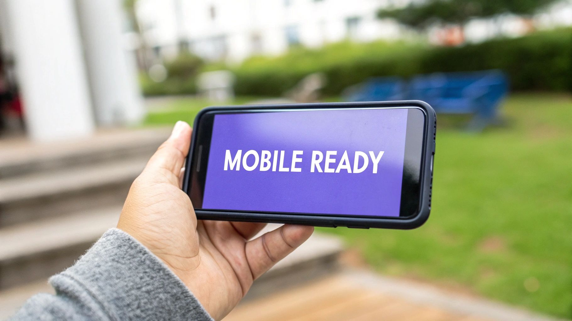 A hand holds a smartphone horizontally displaying 'MOBILE READY' on its purple screen, outdoors.