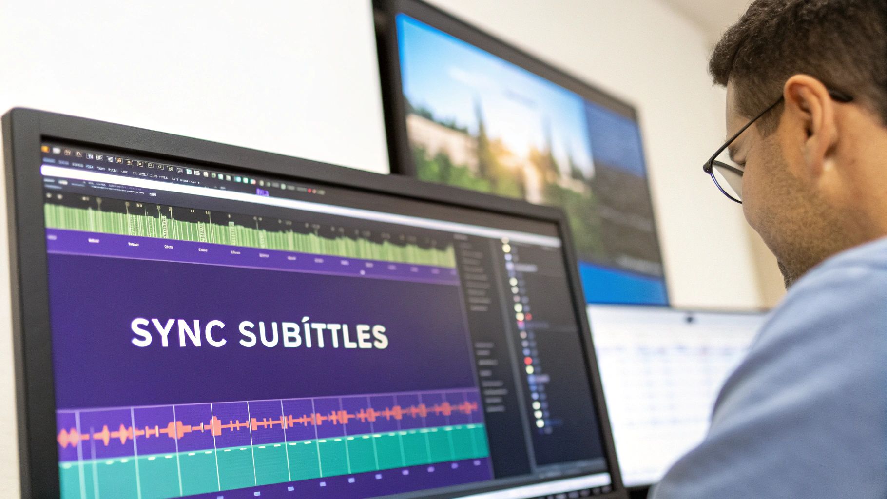 Man wearing glasses works on a computer, syncing subtitles on a video editing timeline.