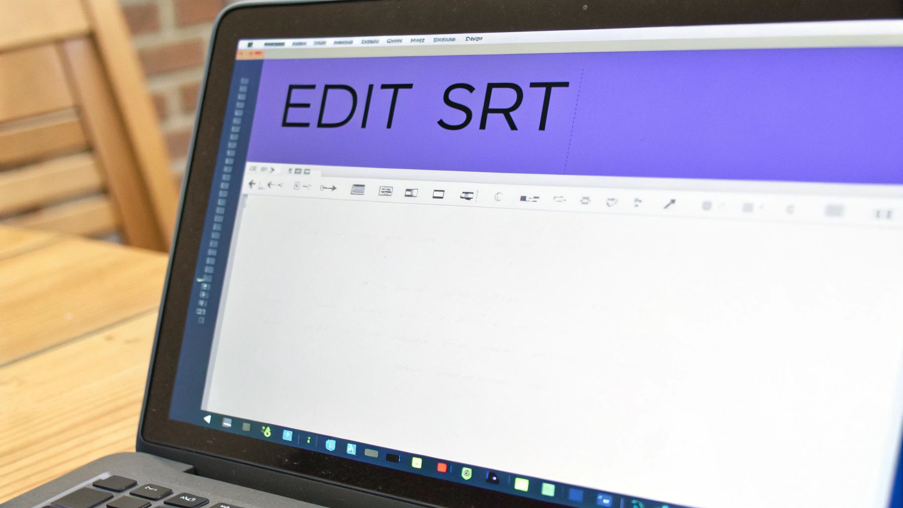 A laptop screen showing a software interface for editing SRT files, likely for video captions.