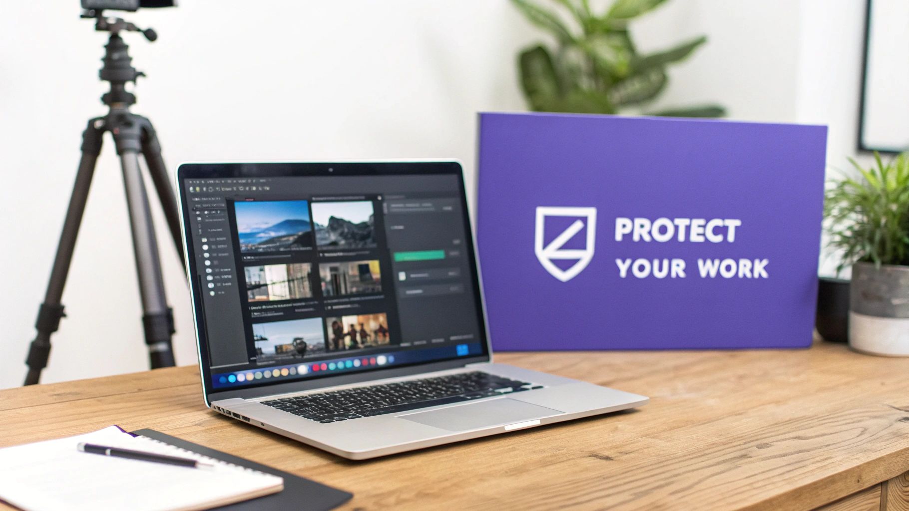 A professional workspace with a laptop displaying an image gallery, a 'PROTECT YOUR WORK' sign, and a camera tripod.
