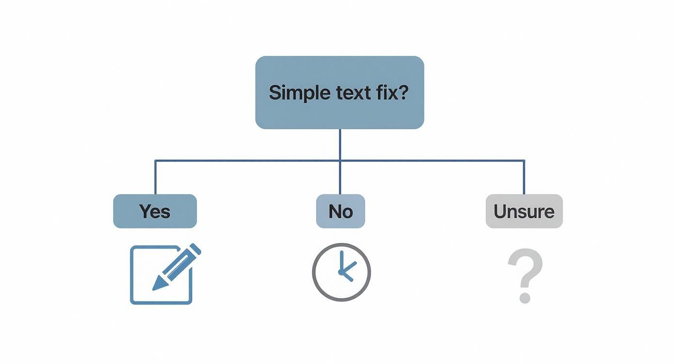 A flowchart asking 'Simple text fix?' with branches for Yes (edit), No (time), and Unsure (question).