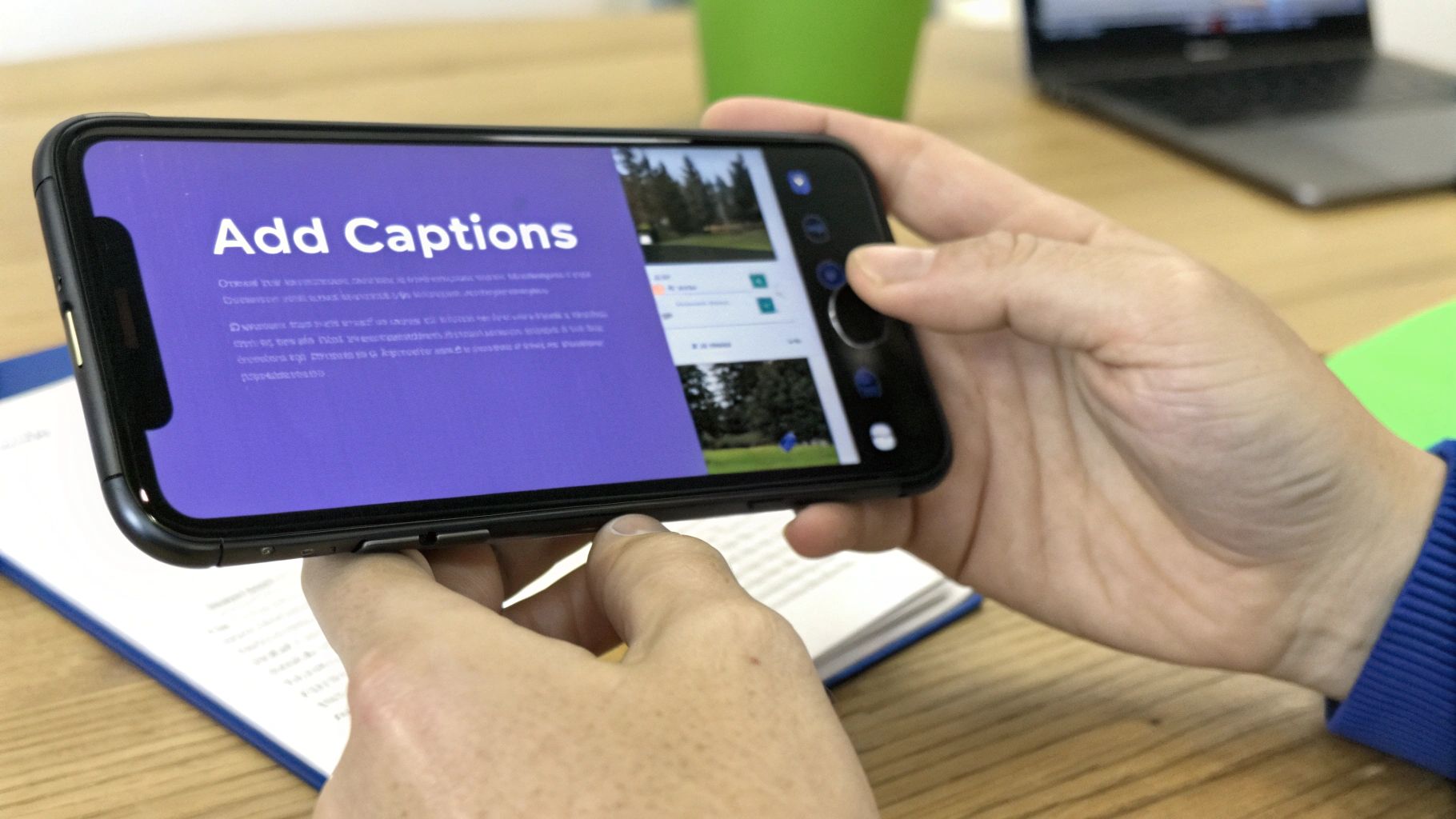A person holds a smartphone displaying 'Add Captions' on a purple screen, showing video content.