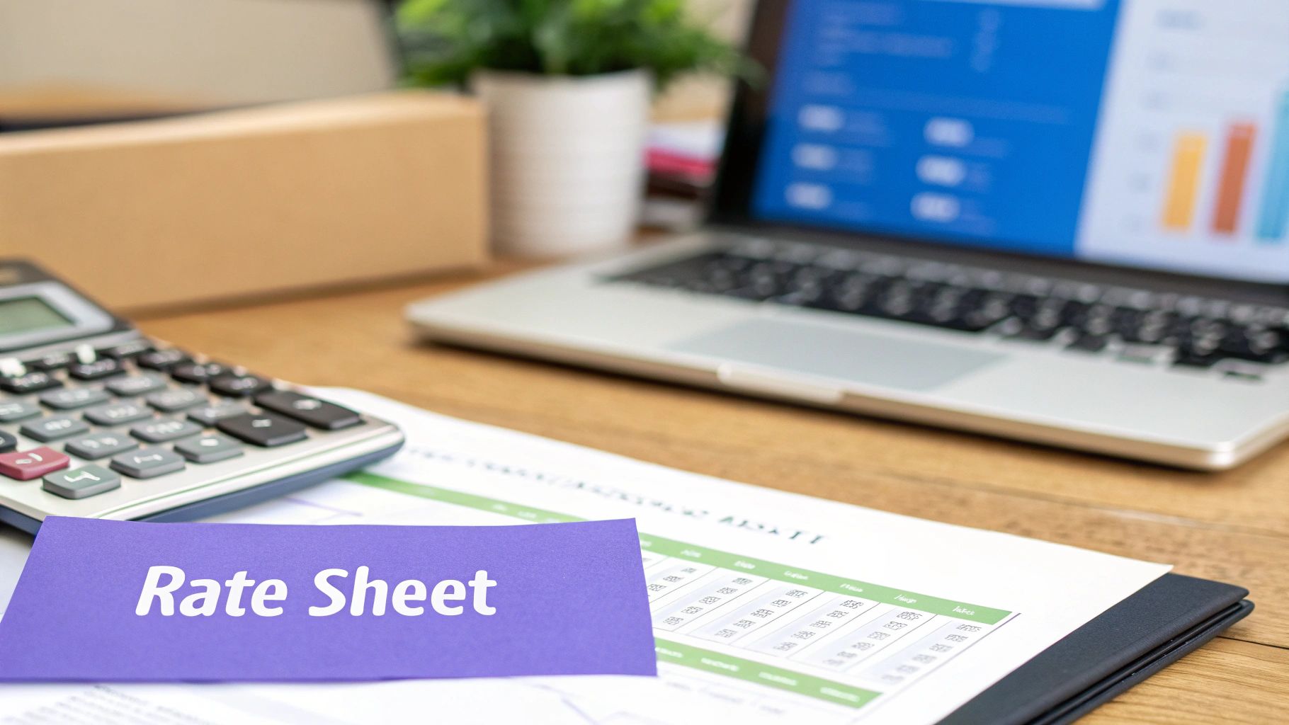 A desk setup with a calculator, a laptop displaying charts, and a purple 'Rate Sheet' card on documents.